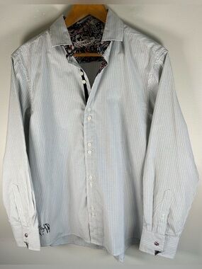 John Lennon Men’s Button Up Shirt Sz L Blue Stripes Flip Cuff Paisley 2009 Retro
